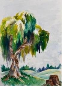 Aquarell einer grünen Weide in einer Landschaft