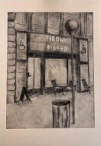 Druckgrafik einer Bistrofassade